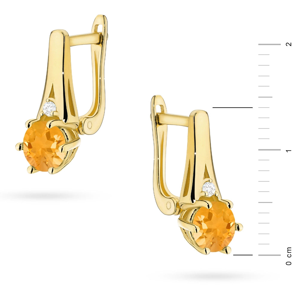 Gold Earrings with 0.50 ct Citrines and 0.029 ct Diamonds | 585 (14k) Gold English Clasp Earrings