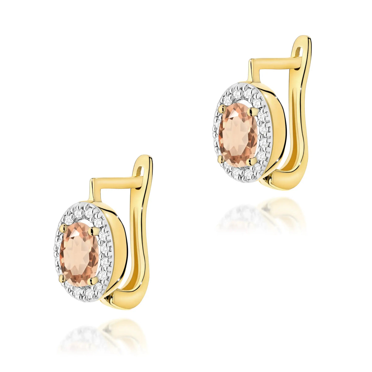 Gold Earrings with 0.40 ct Morganites and 0.16 ct Diamonds | 585 (14k) Gold English Clasp Earrings