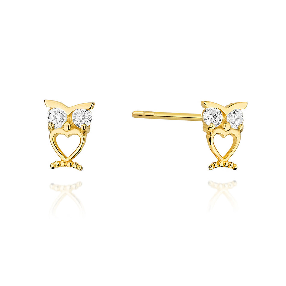 Children’s Gold Owl Earrings with Zirconia and Heart