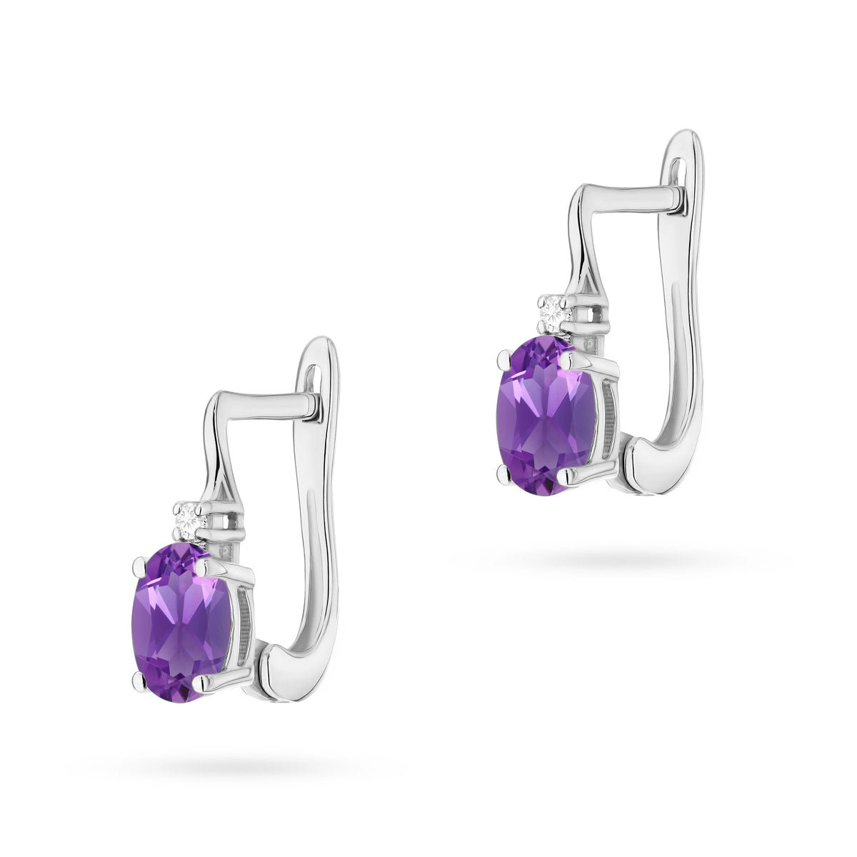 White Gold Earrings with 0.40 ct Amethyst and Diamonds | 585 (14k) White Gold English Clasp Earrings