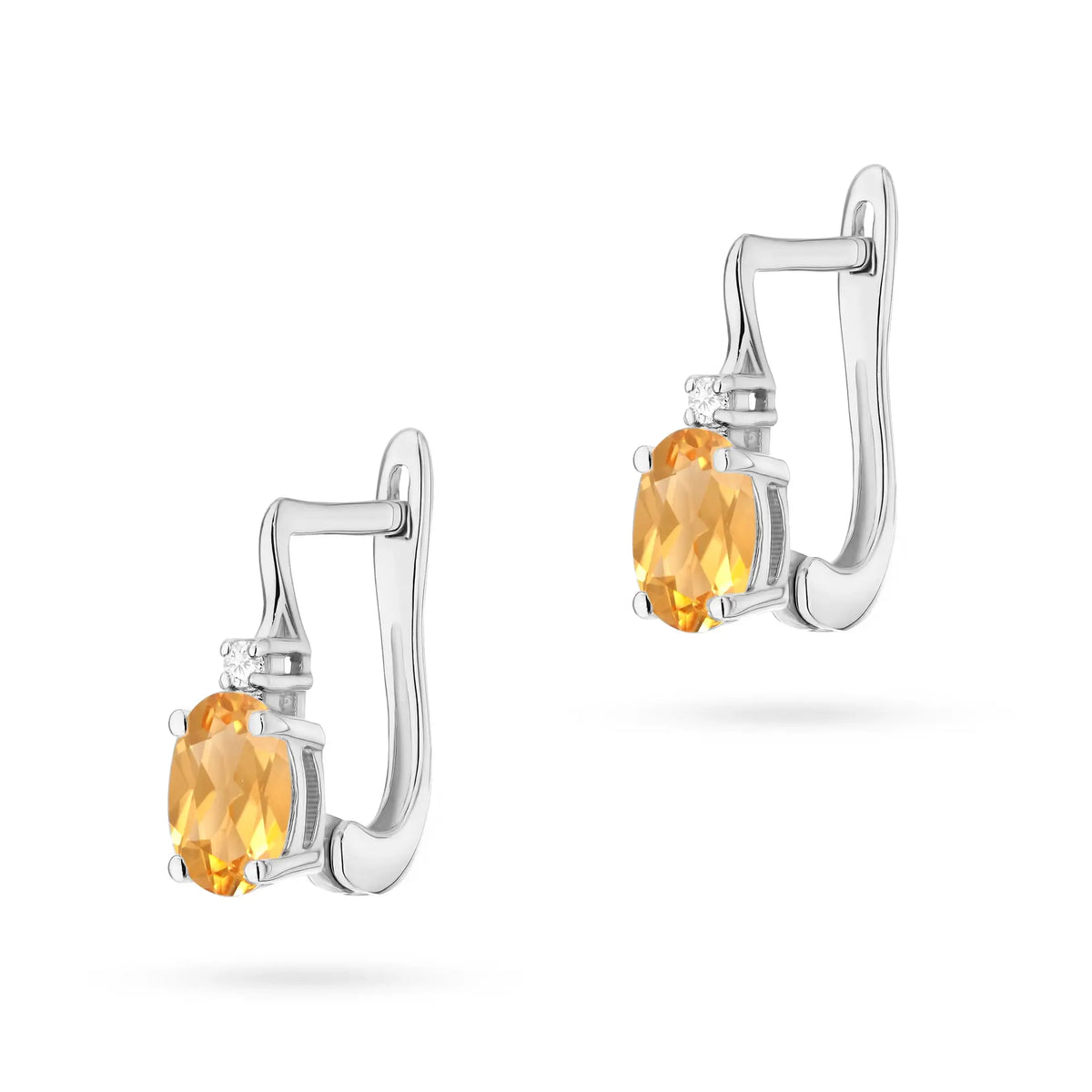 White Gold Earrings with 0.60 ct Citrin and Diamonds | 585 (14k) White Gold English Clasp Earrings