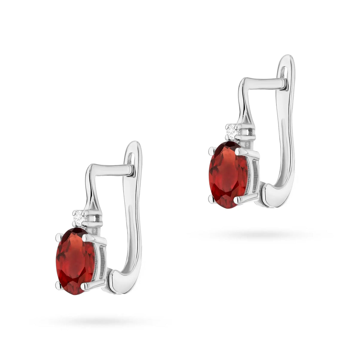 White Gold Earrings with 0.50 ct Garnet and Diamonds | 585 (14k) White Gold English Clasp Earrings