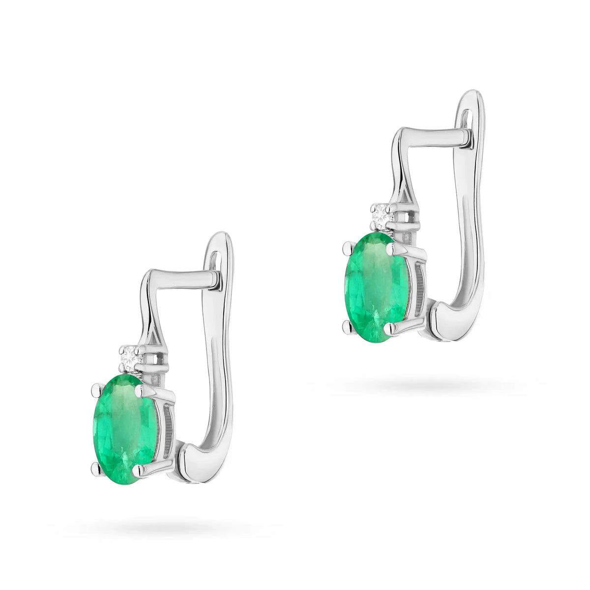 White Gold Earrings with 0.40 ct Emerald and Diamonds | 585 (14k) White Gold English Clasp Earrings