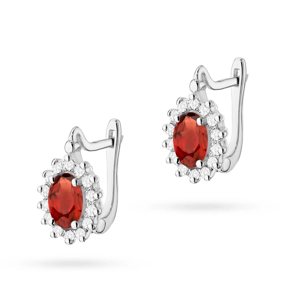 White Gold Earrings with Diamonds and Garnets | 585 (14k) White Gold English Clasp Earrings