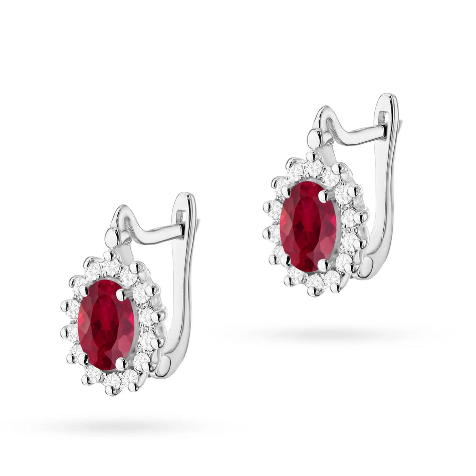 White Gold Earrings with Diamonds and Rubies | 585 (14k) White Gold English Clasp Earrings
