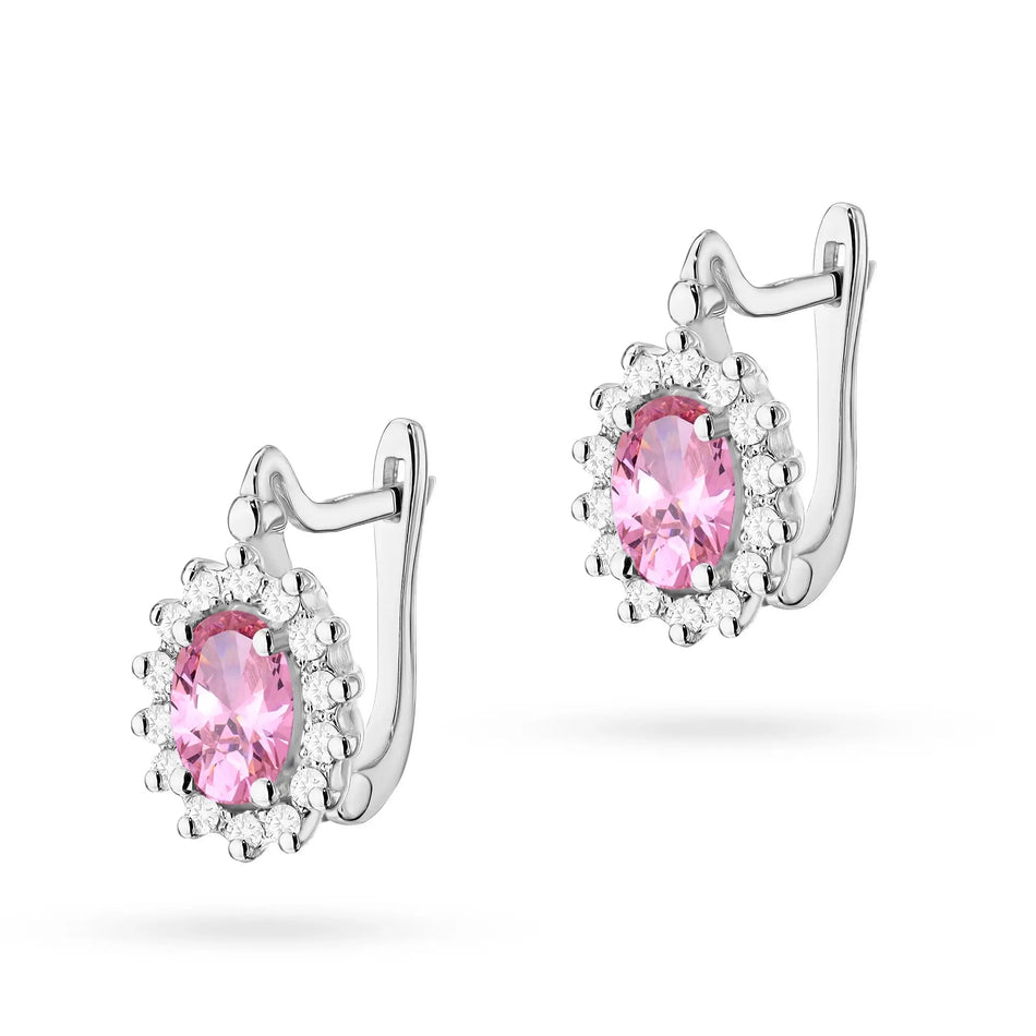 White Gold Earrings with Diamonds and Pink Topazes | 585 (14k) White Gold English Clasp Earrings