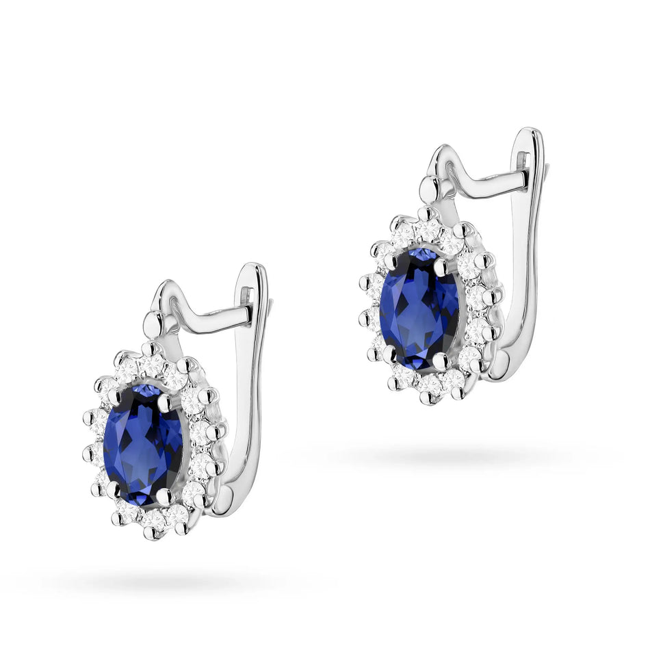 White Gold Earrings with Diamonds and Sapphires | 585 (14k) White Gold English Clasp Earrings