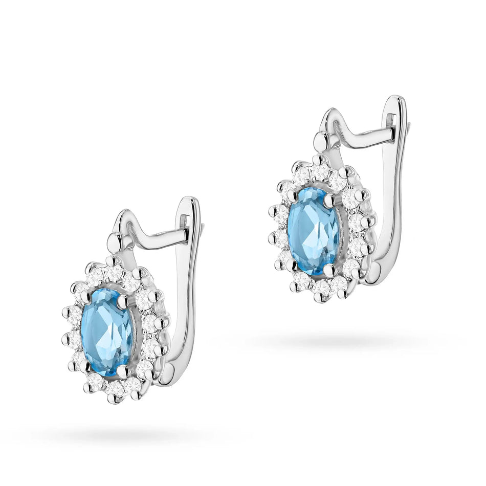 White Gold Earrings with Diamonds and Topazes | 585 (14k) White Gold English Clasp Earrings