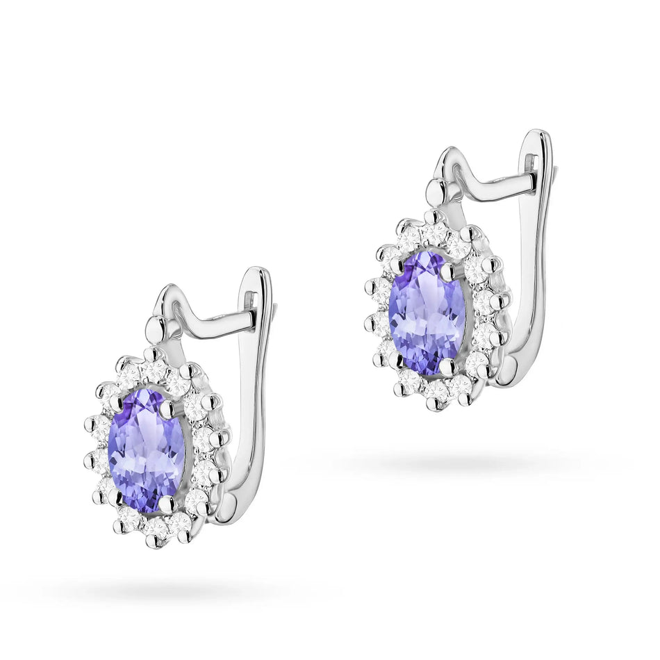 White Gold Earrings with Diamonds and Tanzanites | 585 (14k) White Gold English Clasp Earrings