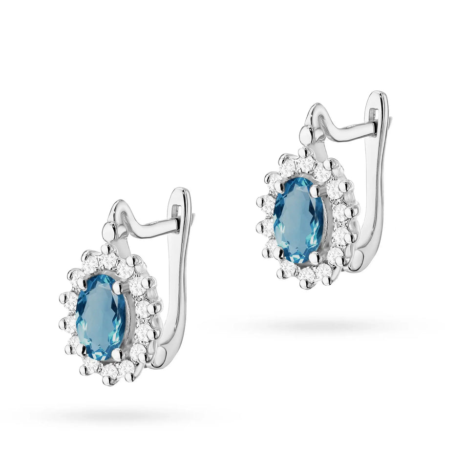 White Gold Earrings with Diamonds and London Blue Topazes | 585 (14k) White Gold English Clasp Earrings