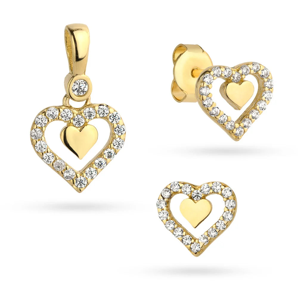 Ensemble pendentif et boucles d'oreilles en or – Cœur dans un cœur avec zircone cubique