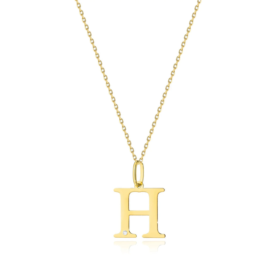 Yellow Gold Delicate Necklace Letter H Pendant with Diamond