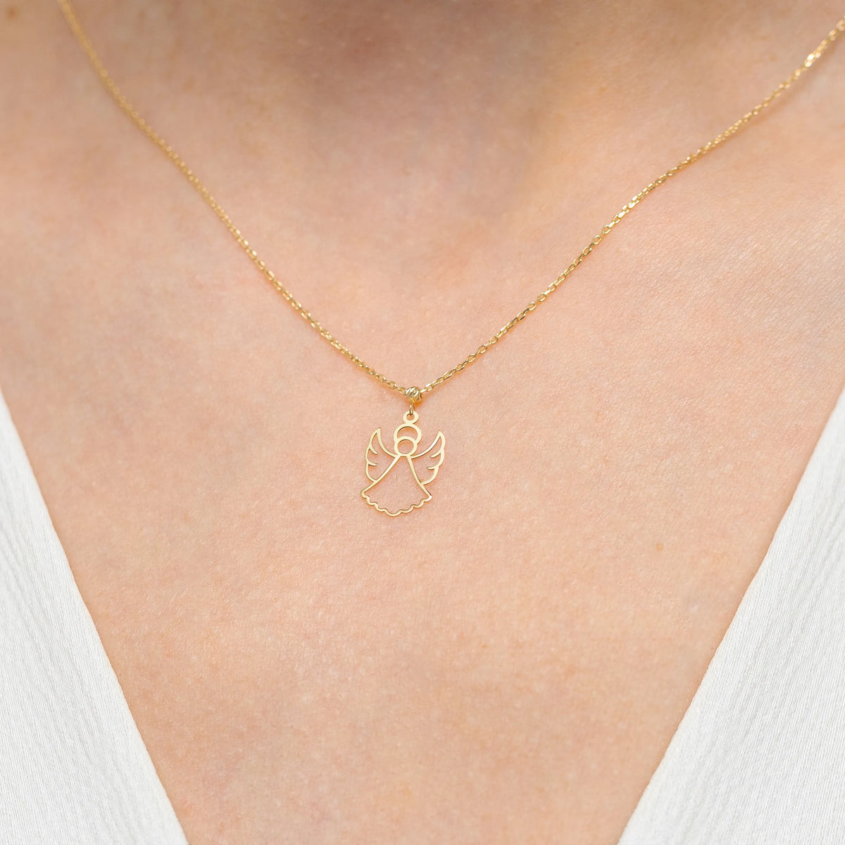 Yellow Gold Delicate Angel Pendant Necklace