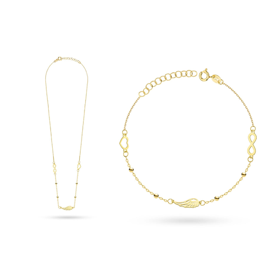 Goldschmuck-Set – Halskette und Armband mit Herz-, Flügel- und Unendlichkeitssymbol