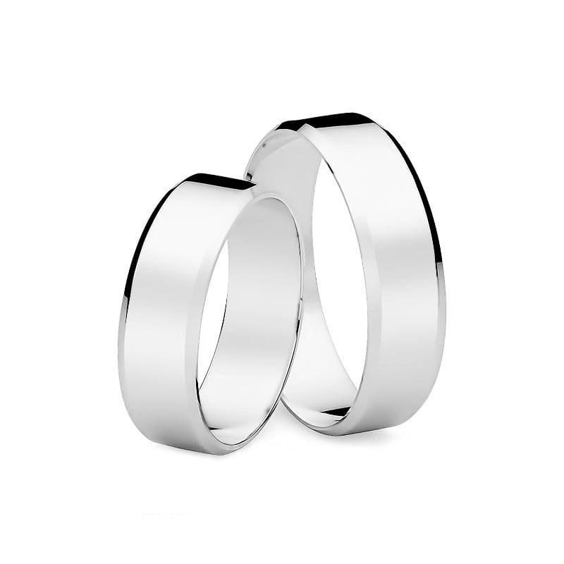 Flache Eheringe aus Weißgold mit abgeschrägten Kanten, 6 mm