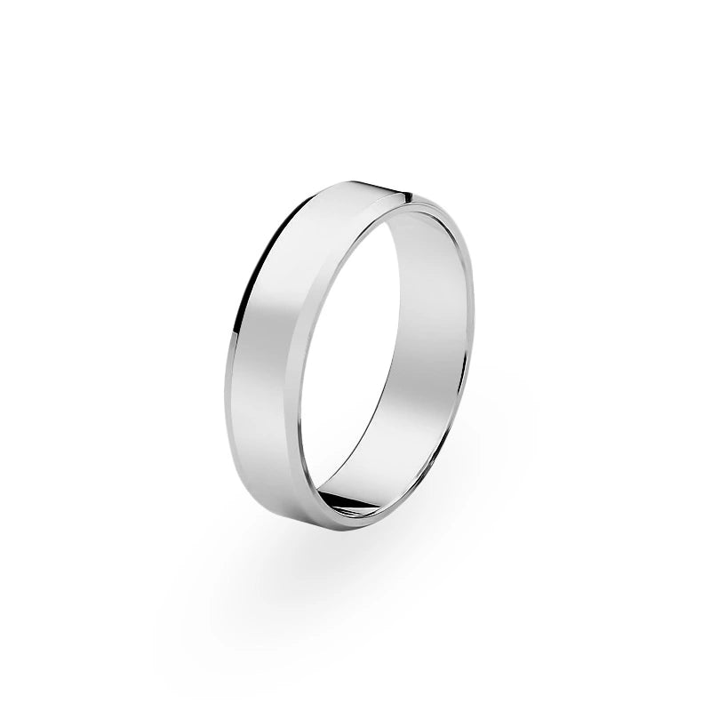 Classic Flat Beveled Single White Gold Wedding Band Ring 6mm