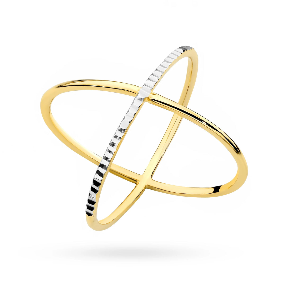 Two-tone crossed gold ring with diamond-cut finish
