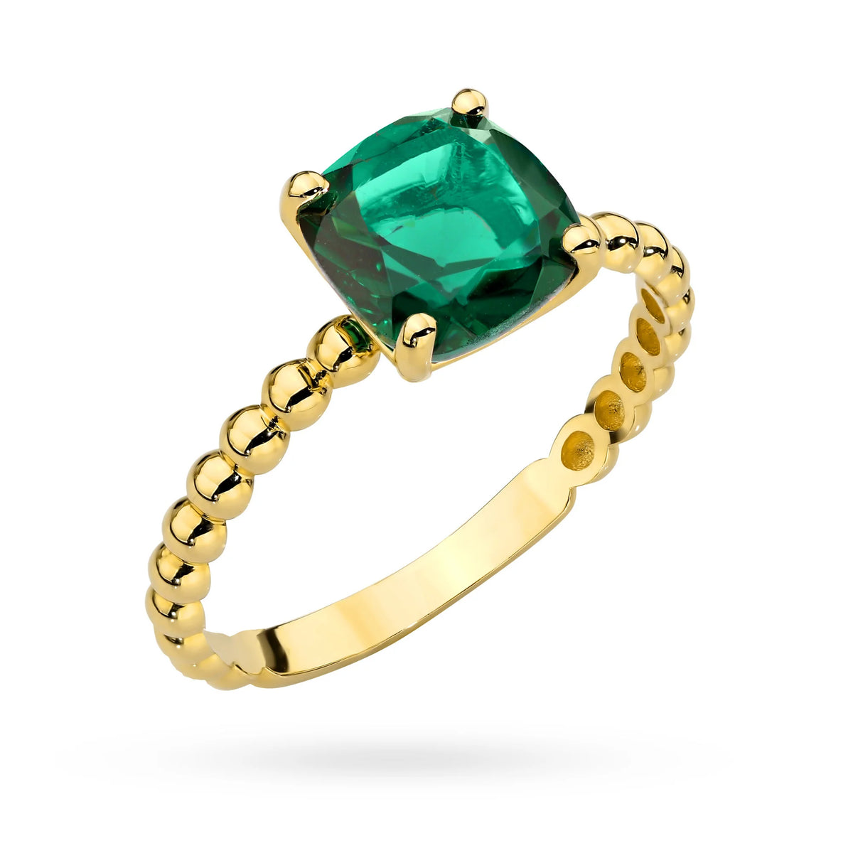 Bague à perles d'or avec pierre carrée en quartz vert