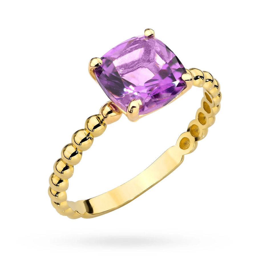 Prsteň zo zlatých korálok so štvorcovým ametystom