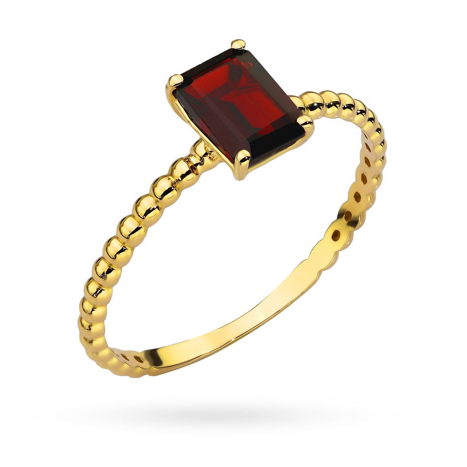Prsteň zo zlatých korálok s obdĺžnikovým granátom