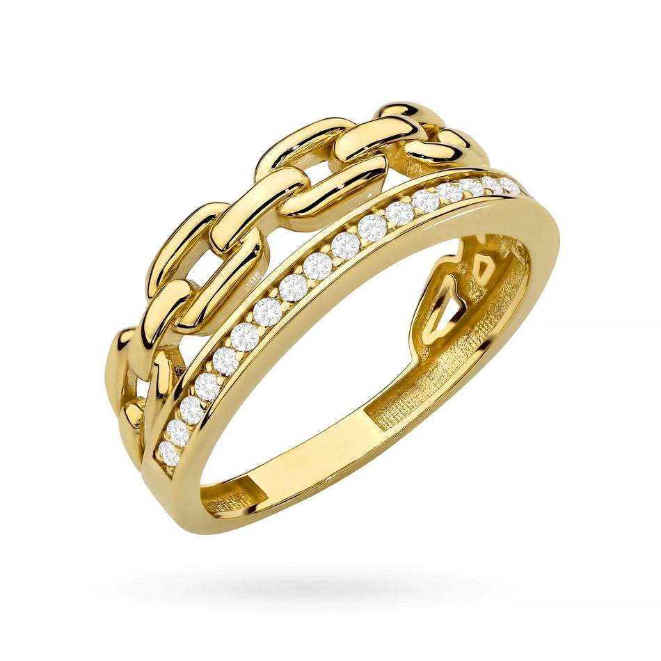 Dvojitý zlatý prsteň s článkami a zirkónmi