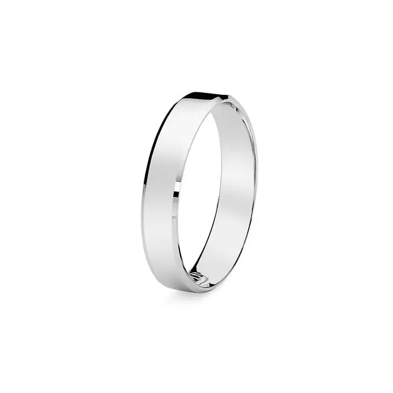 Classic Flat Beveled Single White Gold Wedding Band Ring 4mm