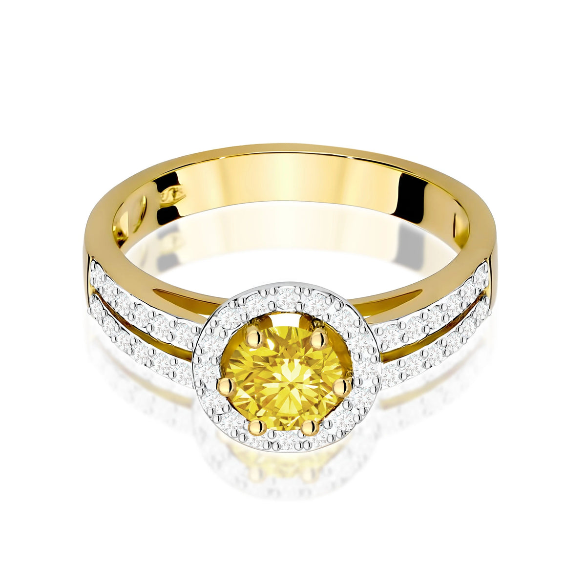 Prsteň zo žltého zlata – žltý lab-grown diamant Round/Brilliant s hmotnosťou 0,50 ct, doplnený 40 × 0,005 ct lab-grown diamantmi
