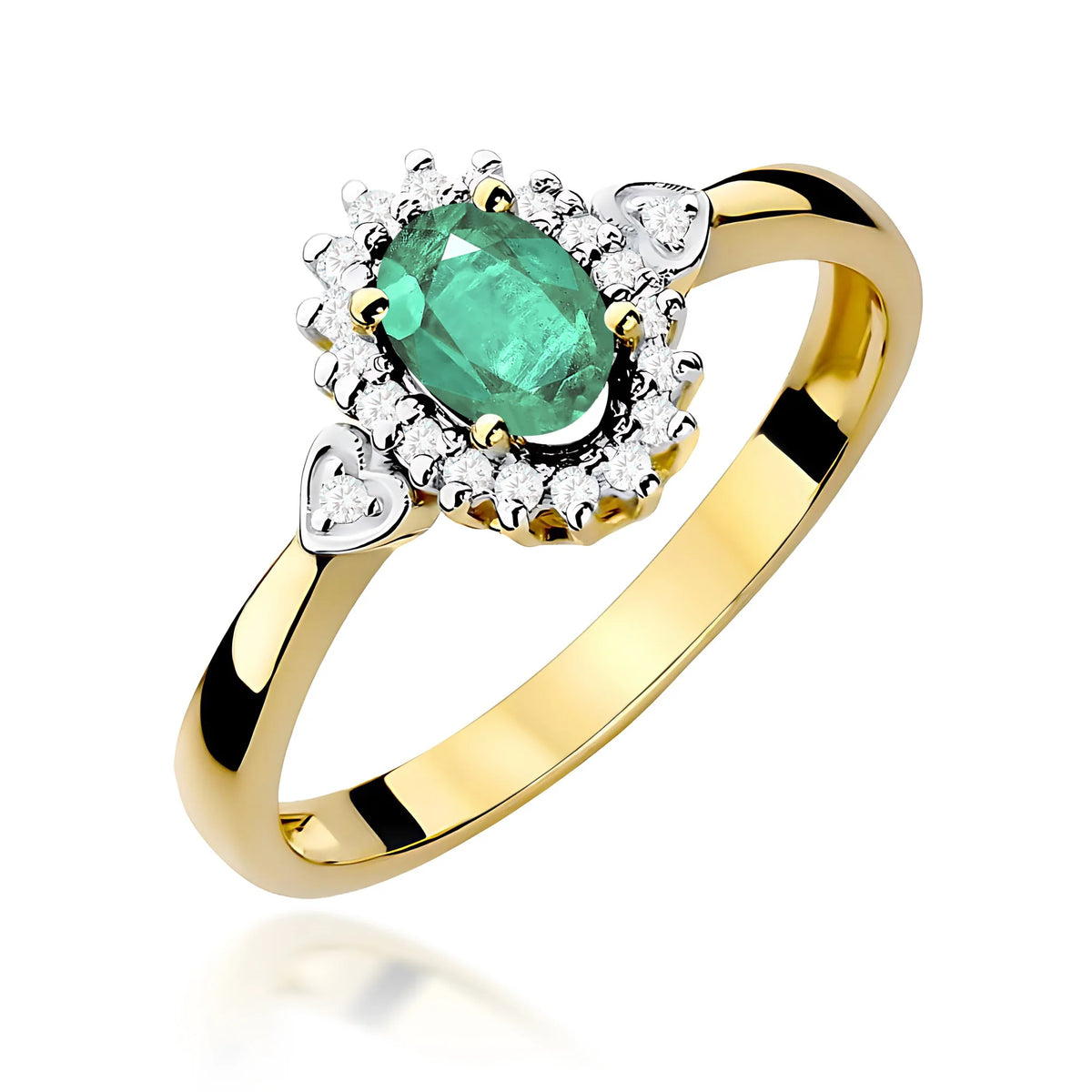 Halo-Ring aus 585er Gelbgold mit ovalem Smaragd 0,40 ct und Diamanten 0,1 ct