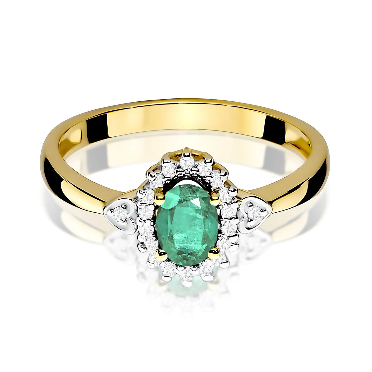 Halo-Ring aus 585er Gelbgold mit ovalem Smaragd 0,40 ct und Diamanten 0,1 ct