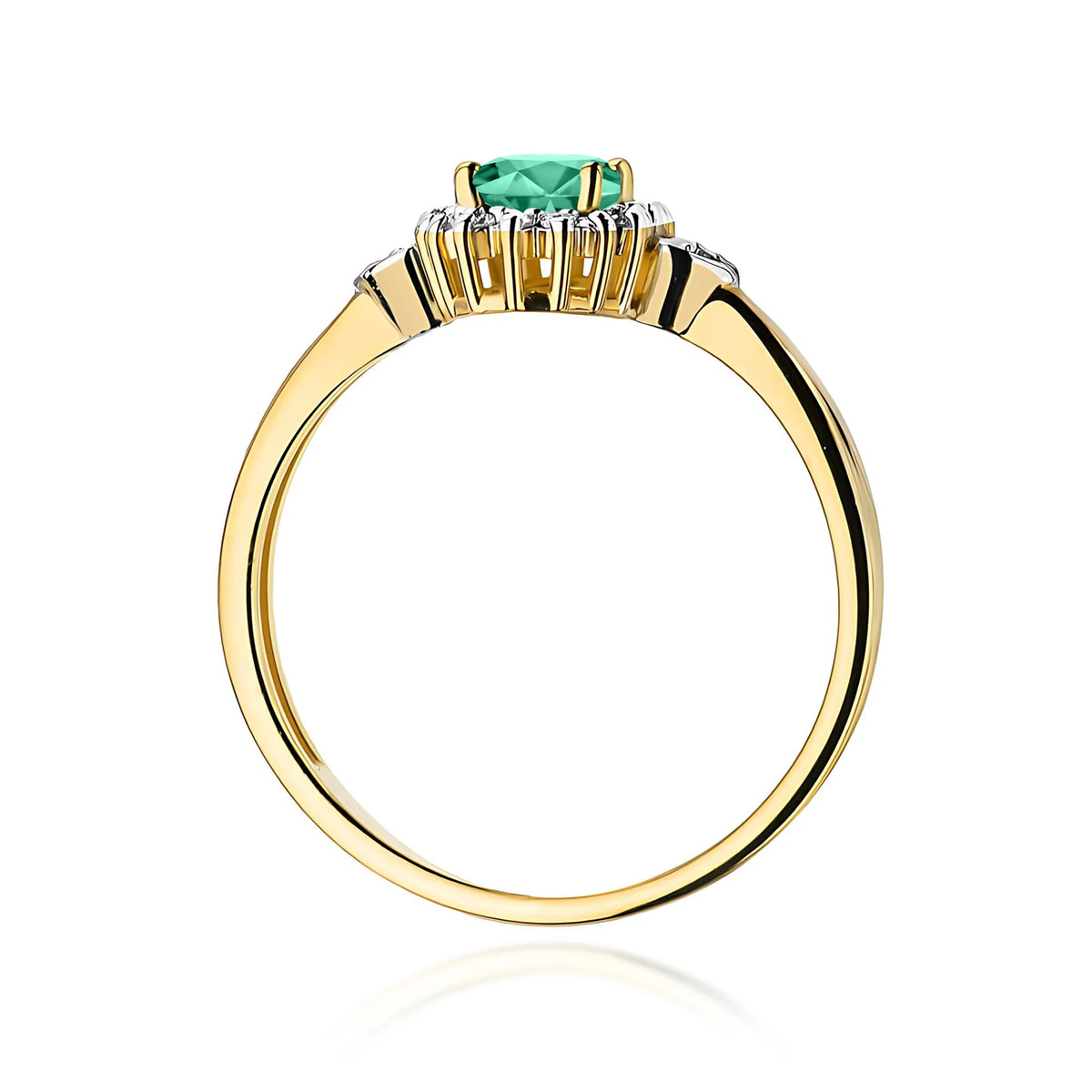 Halo-Ring aus 585er Gelbgold mit ovalem Smaragd 0,40 ct und Diamanten 0,1 ct