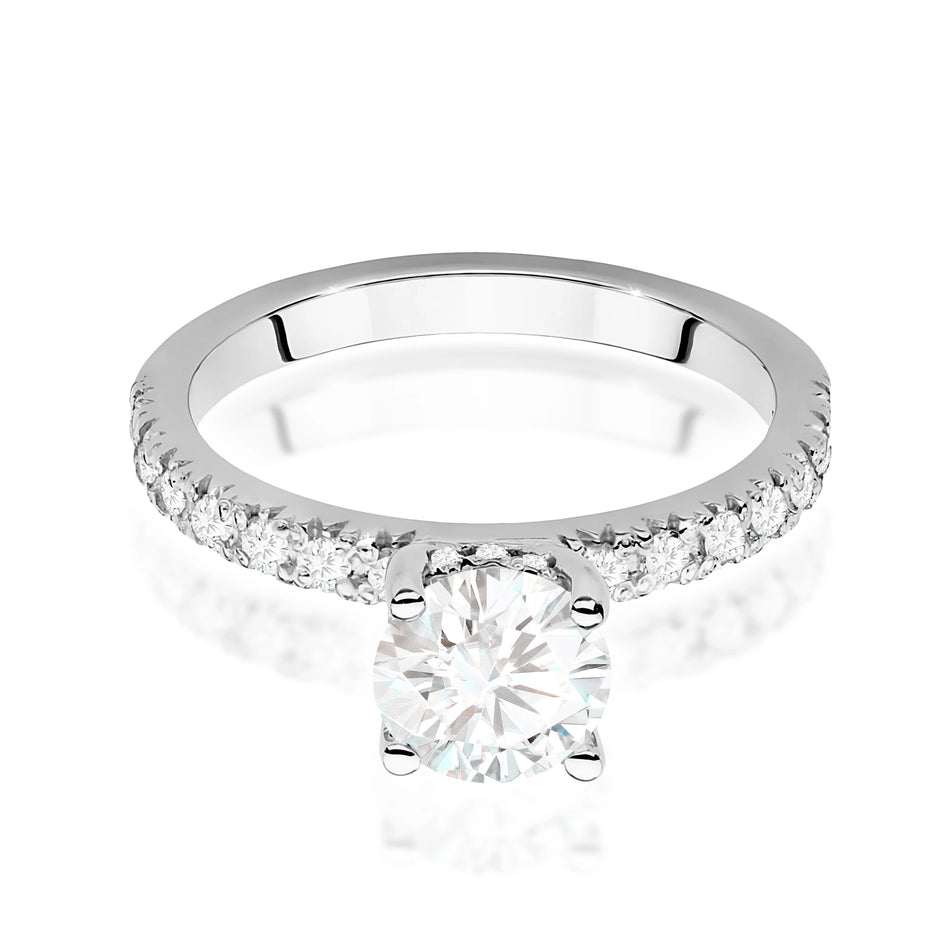 Ring aus Weißgold – Labordiamant 1,00 ct, Round/Brilliant, ergänzt durch 12 × 0,005 ct + 14 × 0,0145 ct Labordiamanten