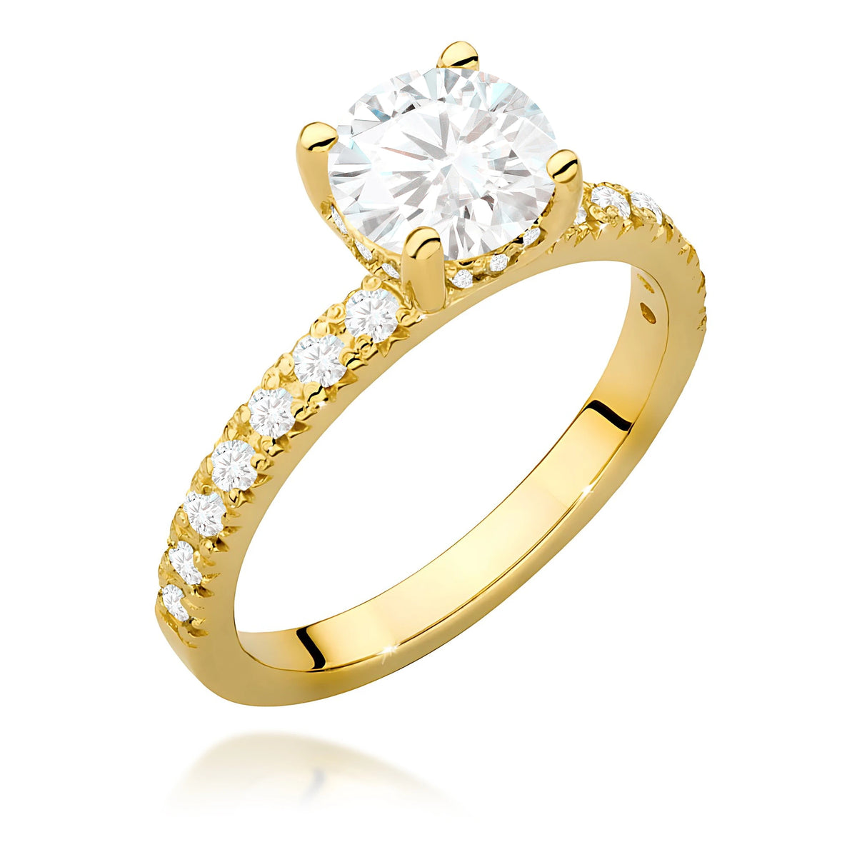 Prsteň zo žltého zlata – lab-grown diamant 1,00 ct, Round/Brilliant, doplnený 12 × 0,005 ct + 14 × 0,0145 ct lab-grown diamantmi