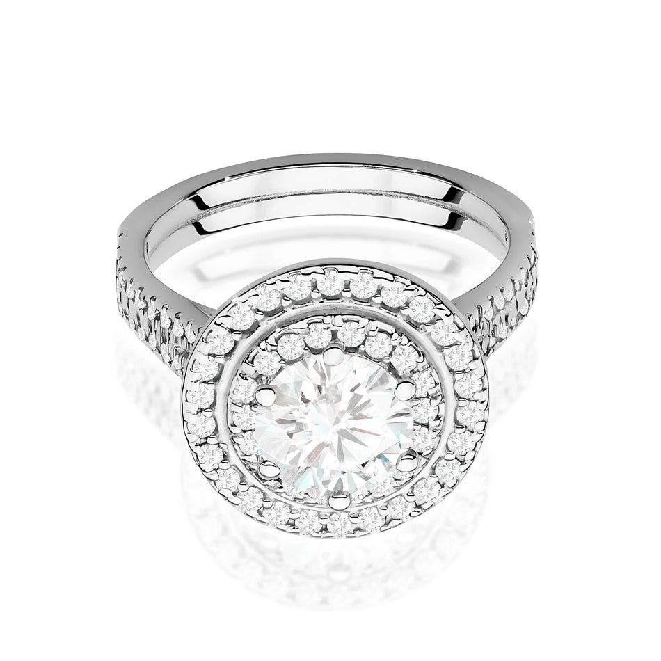 Ring aus Weißgold mit Labordiamant Round/Brilliant, 1,00 ct sowie 48 × 0,0086 ct + 44 × 0,005 ct Labordiamanten