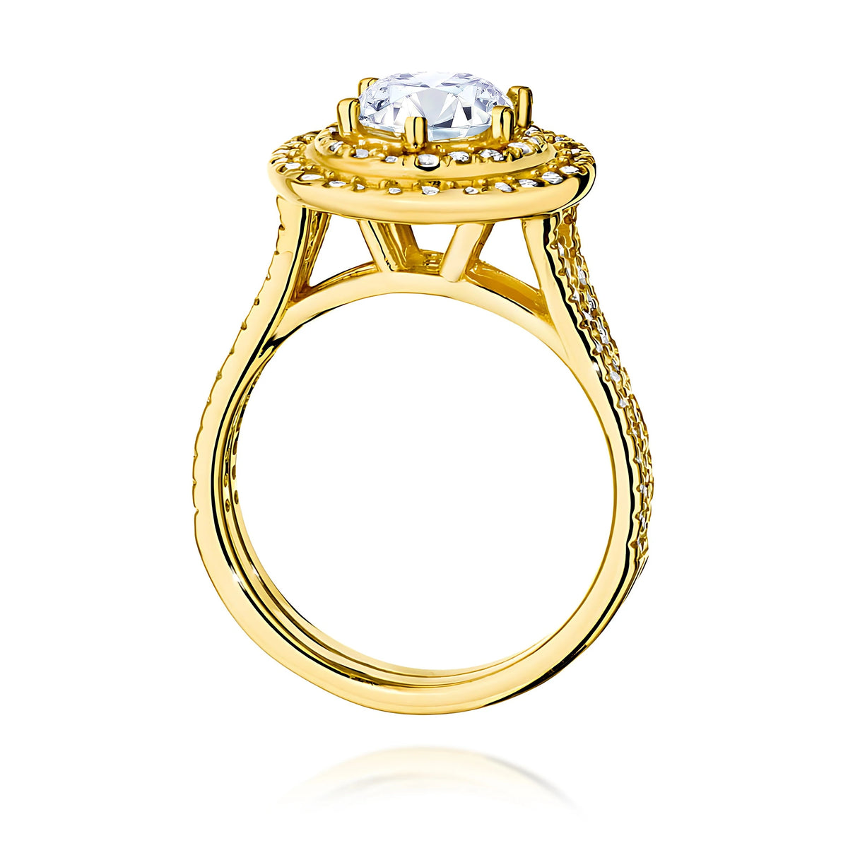 Doppel-Halo-Pavé-Ring aus 585er Gelbgold mit 1,00 ct Round/Brilliant-Labordiamant und 0,633 ct Labordiamanten