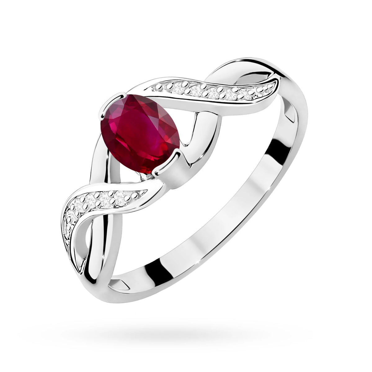 Prsten nekonečna z bílého 14k zlata s oválným rubínem 0,60 ct a diamanty 0,05 ct