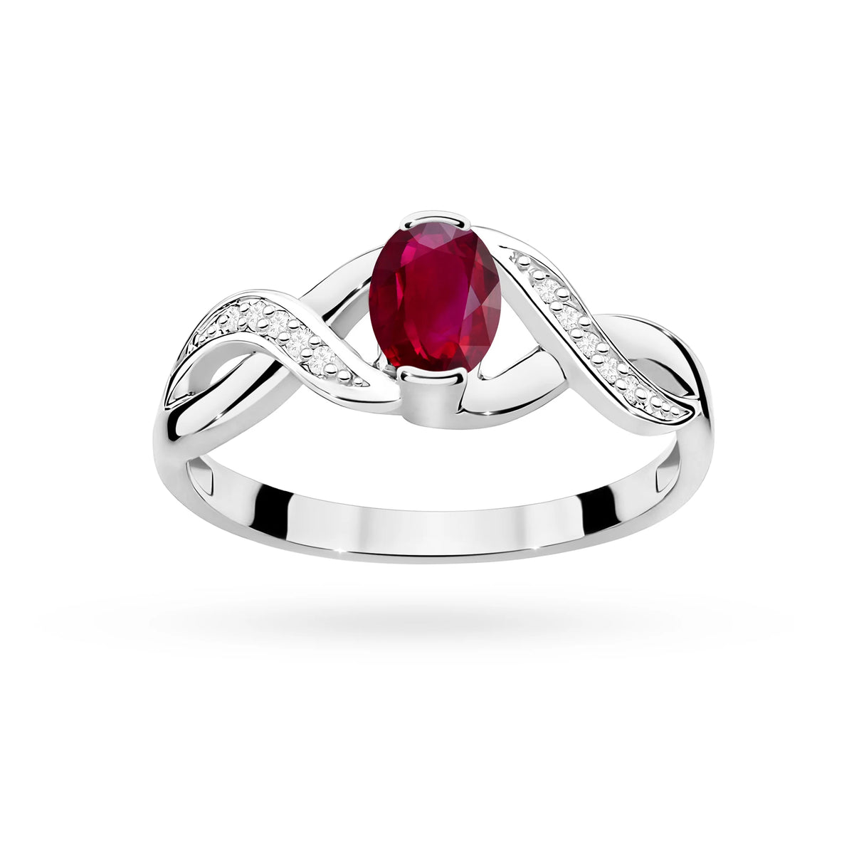 Prsten nekonečna z bílého 14k zlata s oválným rubínem 0,60 ct a diamanty 0,05 ct