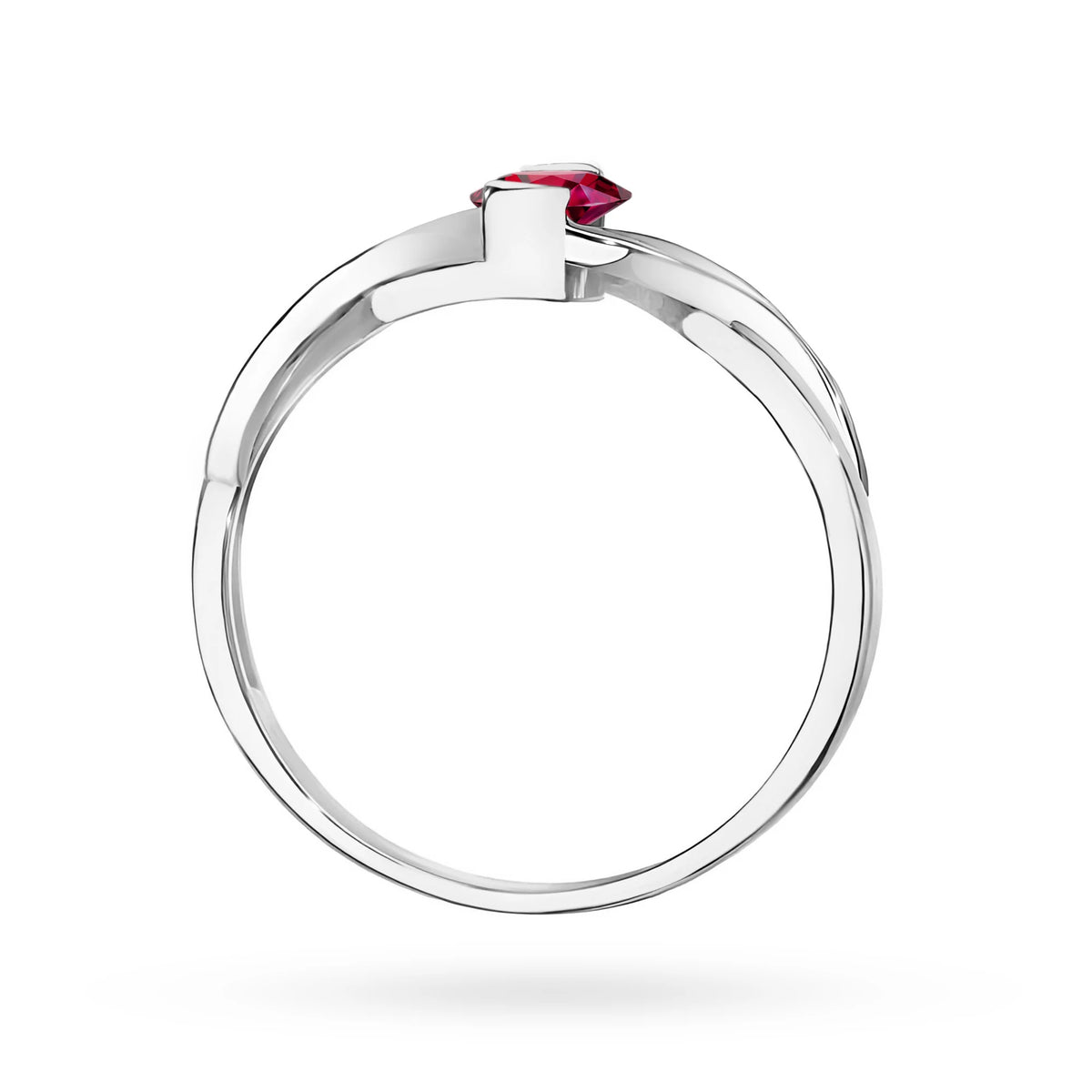 Prsten nekonečna z bílého 14k zlata s oválným rubínem 0,60 ct a diamanty 0,05 ct