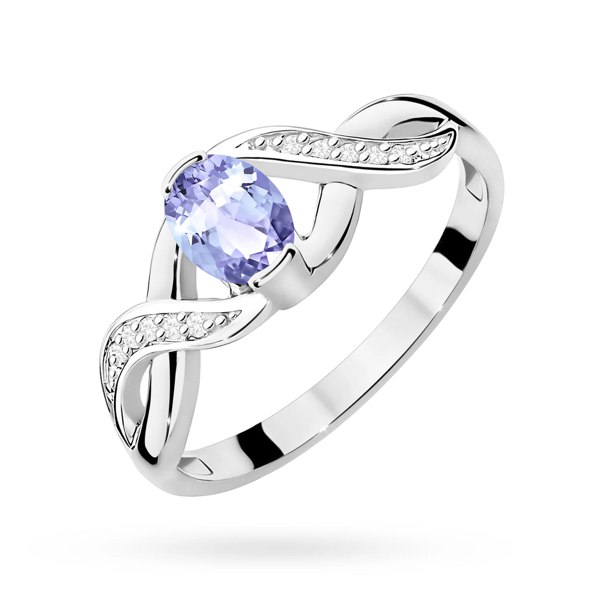 Unendlichkeitsring aus 585er Weißgold mit ovalem Tansanit 0,40 ct und Diamanten 0,05 ct