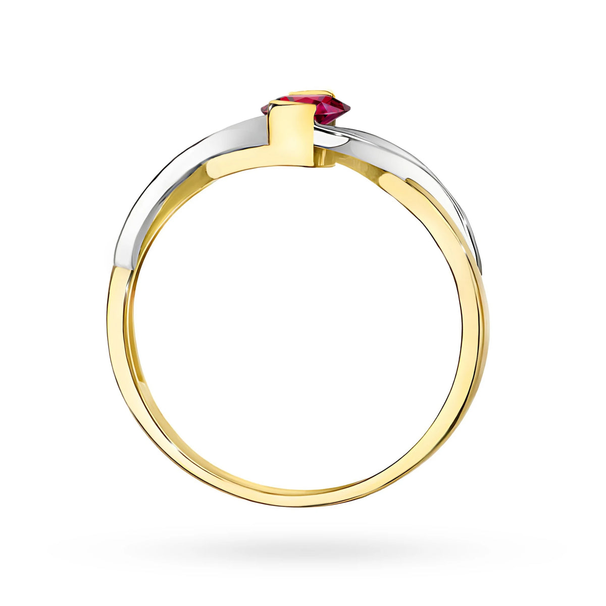 Prsteň nekonečna zo žltého 14k zlata s oválnym rubínom 0,60 ct a diamantmi 0,05 ct