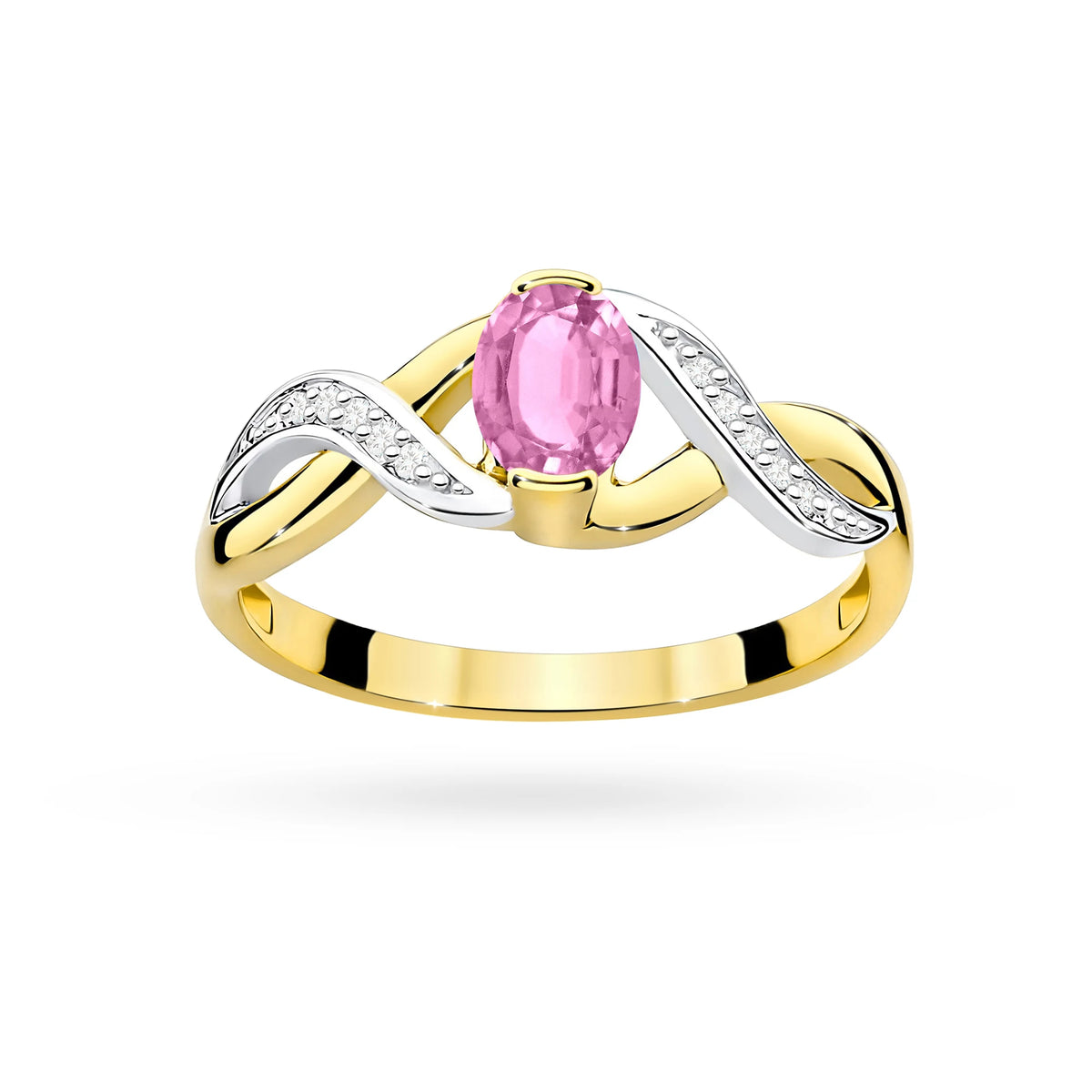 Prsten nekonečna ze žlutého 14k zlata s oválným růžovým safírem 0,45 ct a diamanty 0,05 ct