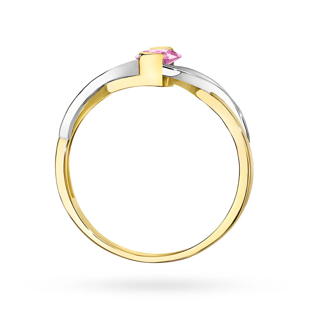 Prsten nekonečna ze žlutého 14k zlata s oválným růžovým safírem 0,45 ct a diamanty 0,05 ct