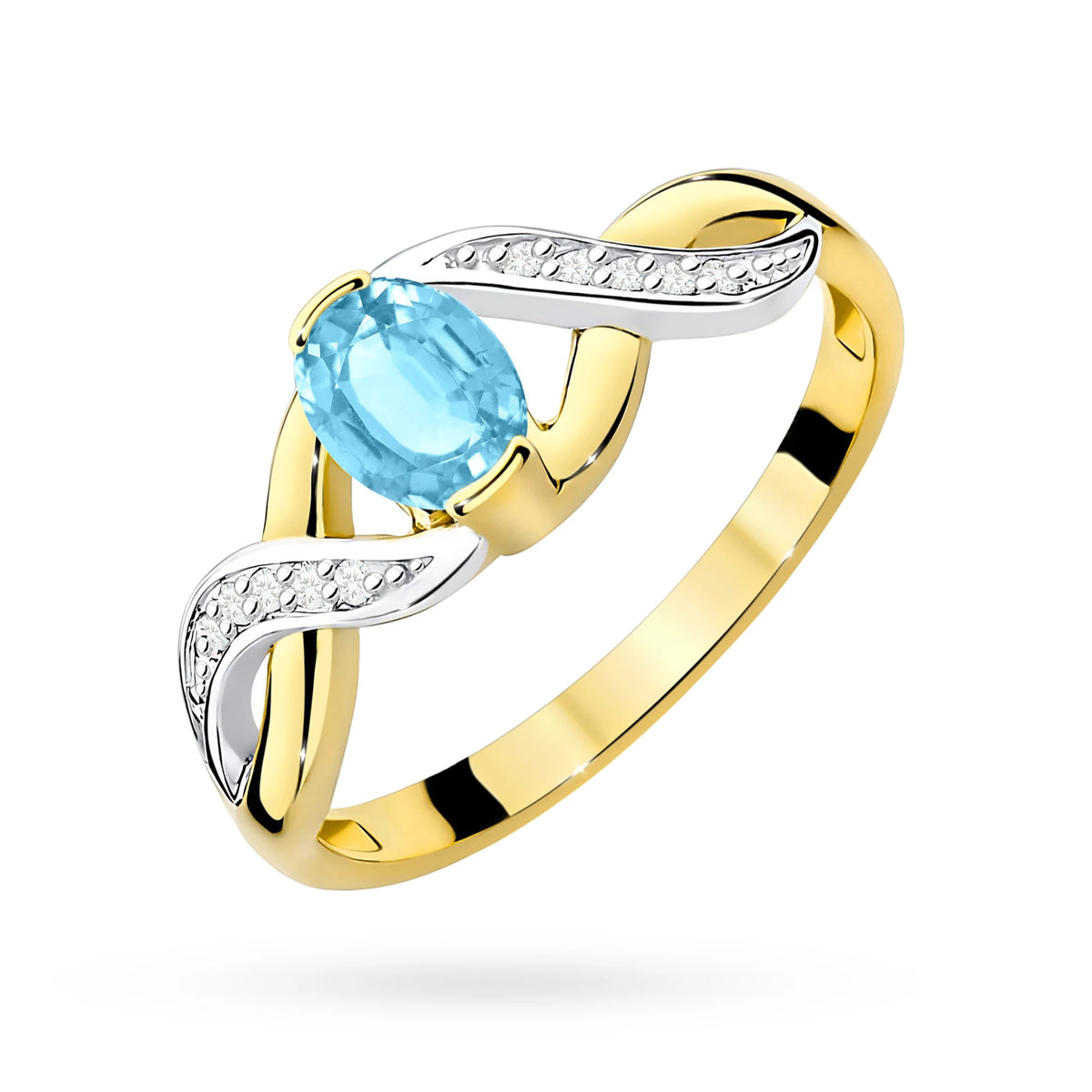 Prsten nekonečna ze žlutého 14k zlata s oválným topazem Swiss Blue 0,50 ct a diamanty 0,05 ct
