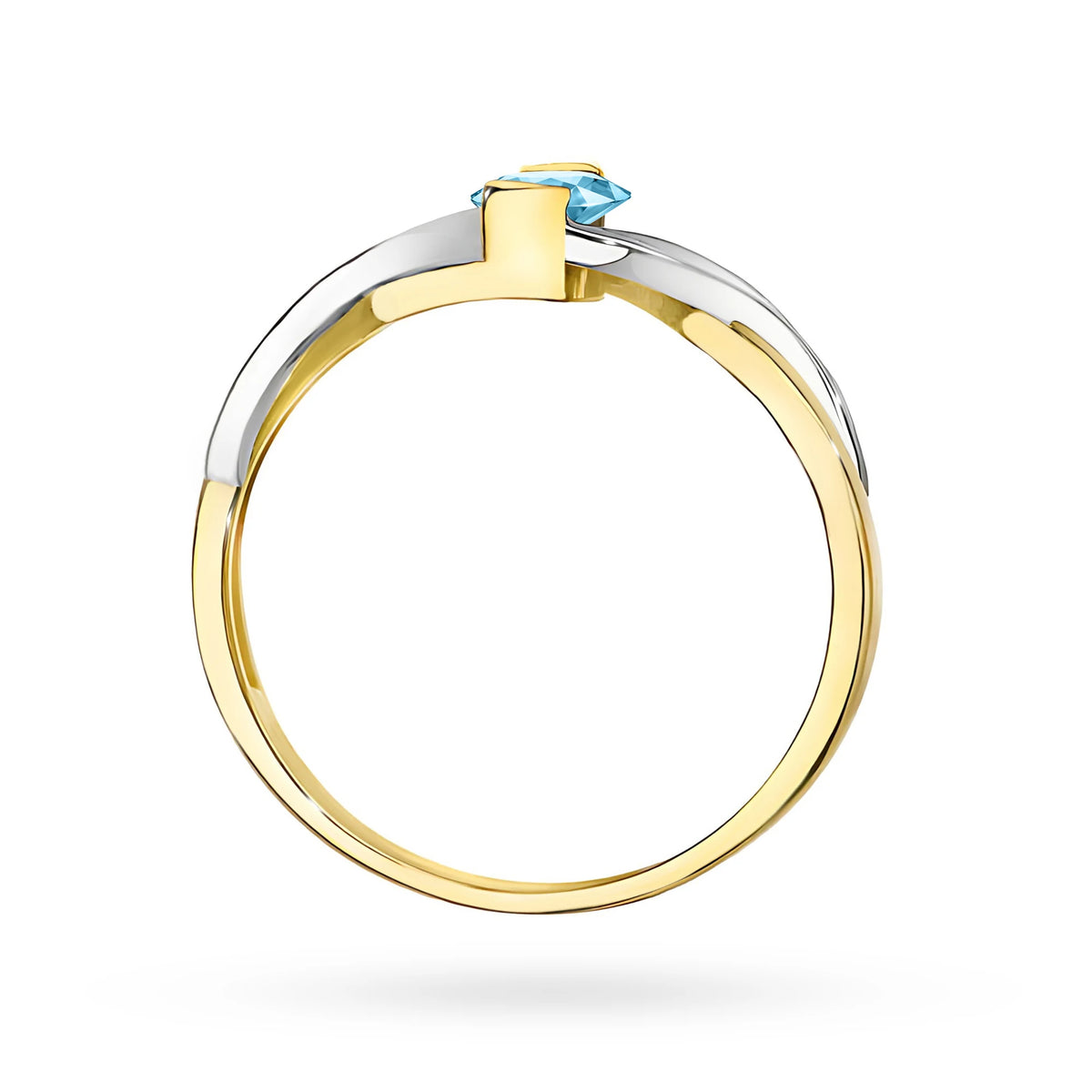 Prsten nekonečna ze žlutého 14k zlata s oválným topazem Swiss Blue 0,50 ct a diamanty 0,05 ct