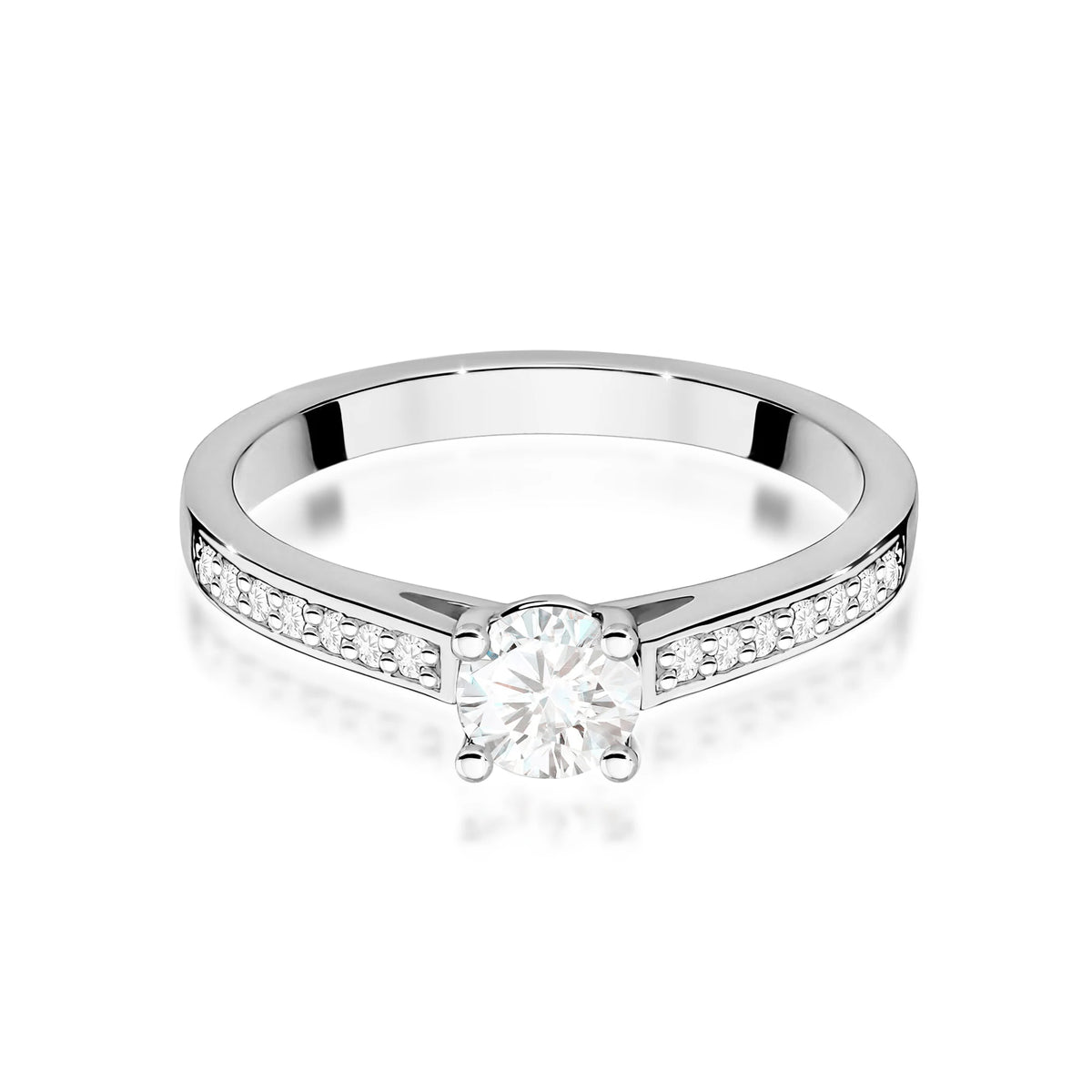 Verlobungsring aus 585er Weißgold mit 0,50 ct Round/Brilliant-Diamant und 0,12 ct Diamanten in Vierkrappen-Kathedralenfassung