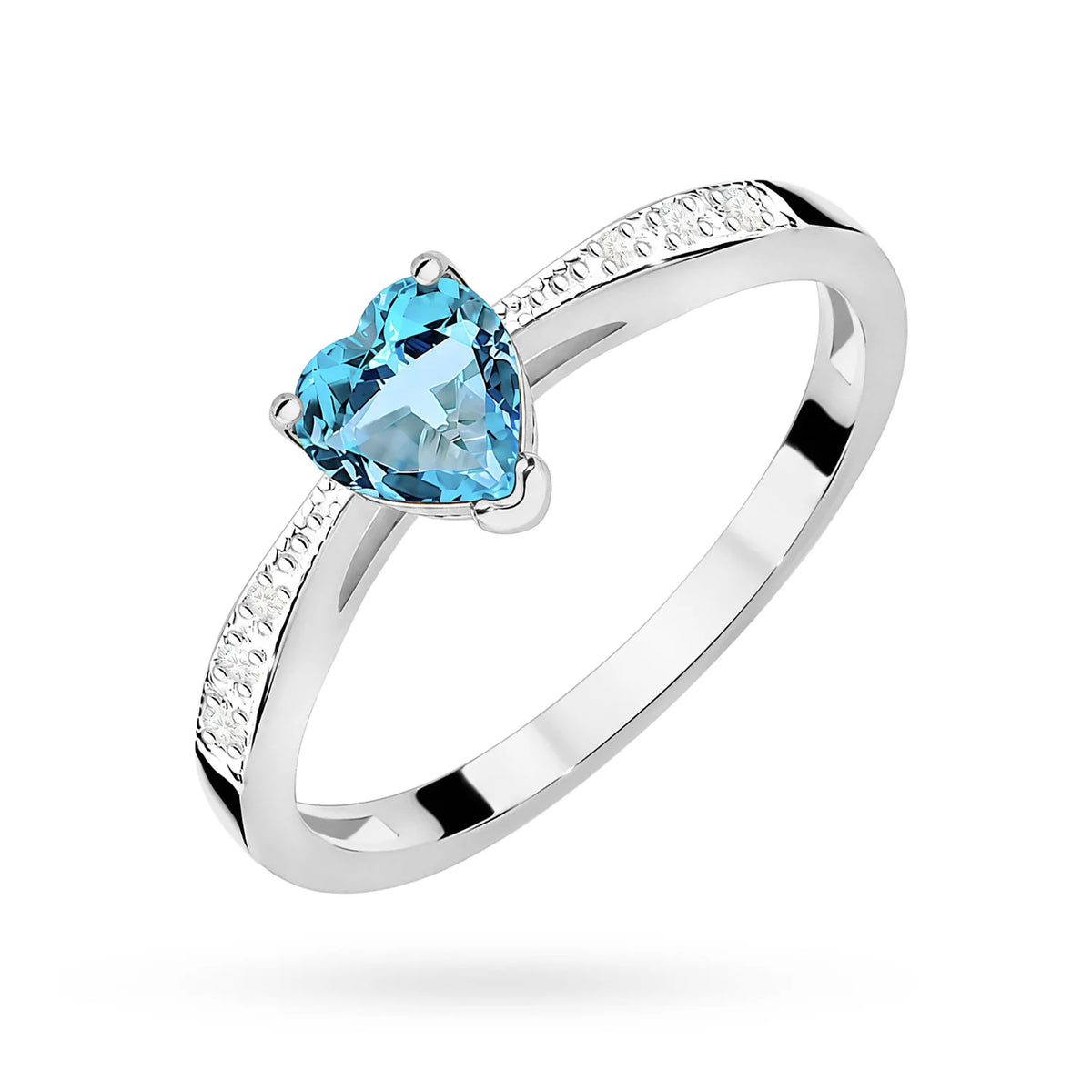 Prsteň z bieleho zlata so srdcovým Swiss Blue topásom 0,50 ct a diamantmi 0,03 ct