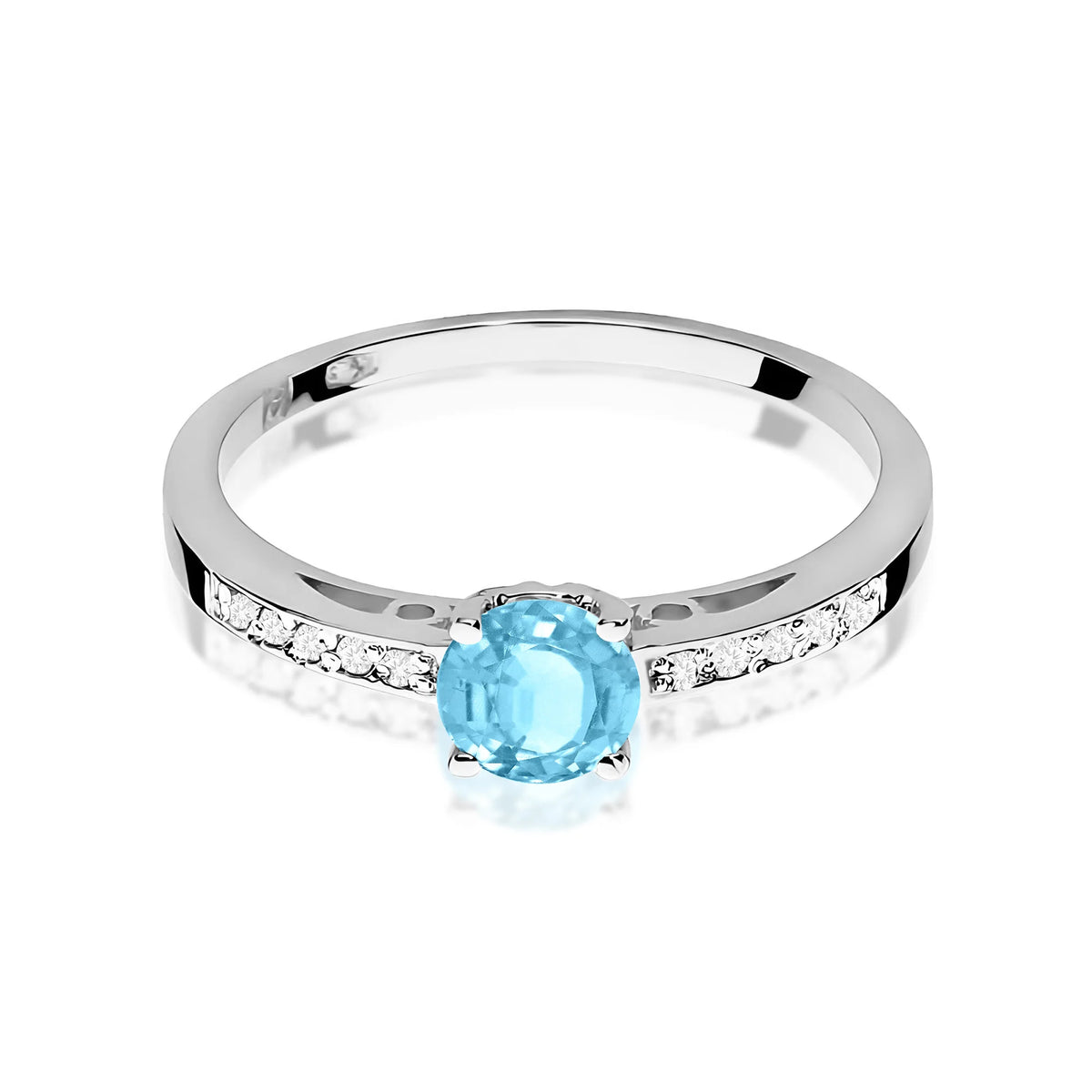 Prsten z bílého 14k zlata s diamanty na ramenou prstenu s topazem Swiss Blue 0,50 ct a diamanty 0,05 ct