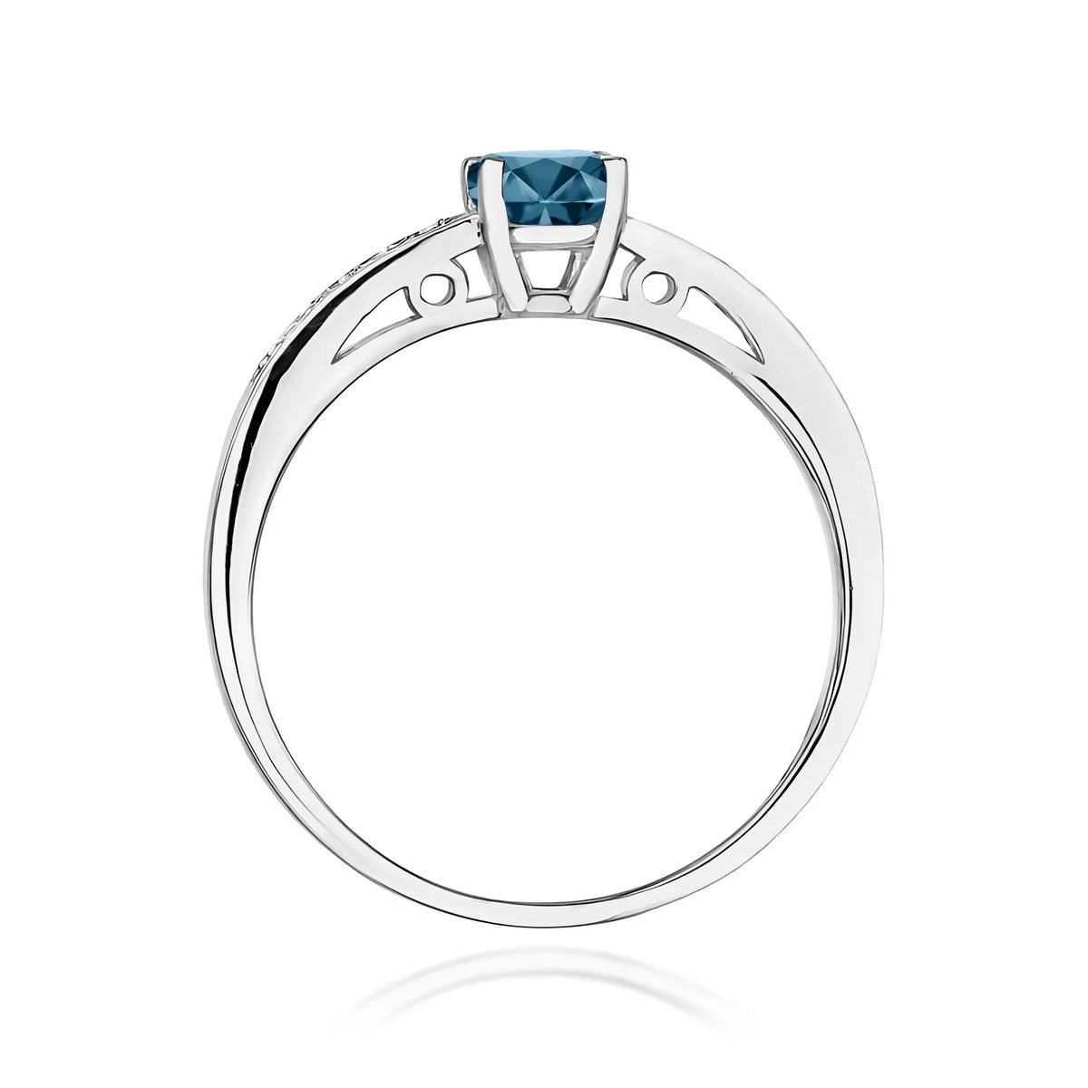 Prsten z bílého 14k zlata s diamanty na ramenou prstenu s topazem London Blue 0,50 ct a diamanty 0,05 ct