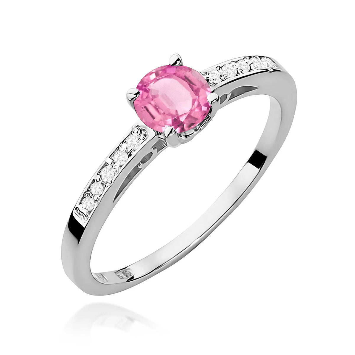 Prsteň z bieleho 14k zlata s diamantmi na ramenách prsteňa s ružovým topásom 0,60 ct a diamantmi 0,05 ct