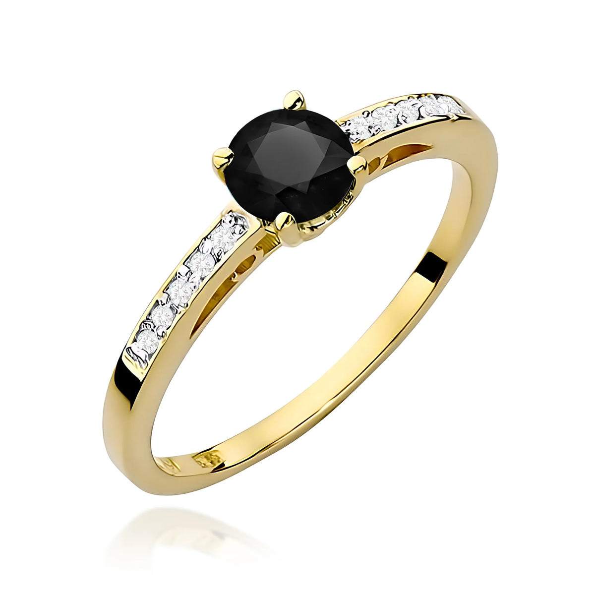Prsten ze žlutého 14k zlata s diamanty na ramenou prstenu s černým diamantem 0,50 ct a diamanty 0,05 ct