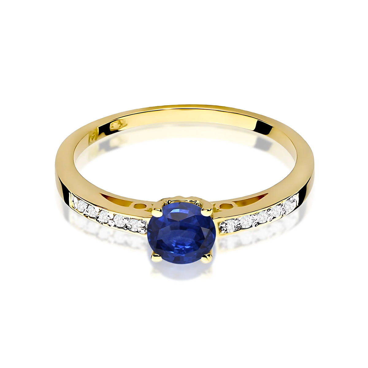 Prsteň zo žltého 14k zlata s diamantmi na ramenách prsteňa s modrým zafírom 0,50 ct a diamantmi 0,05 ct